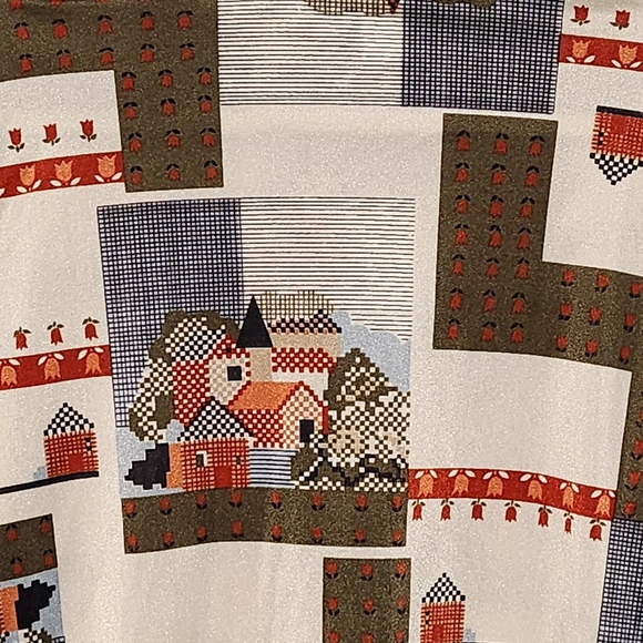 Vintage Button Up Shirt Womens Large Tall Village Scene Folk Cottagecore Retro - Picture 7 of 10